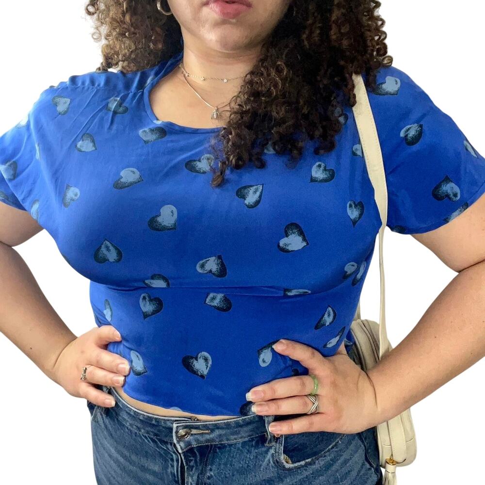 Vintage Y2K Jones New York Blue Hearts 100% Silk Button Up Blouse Size 14
